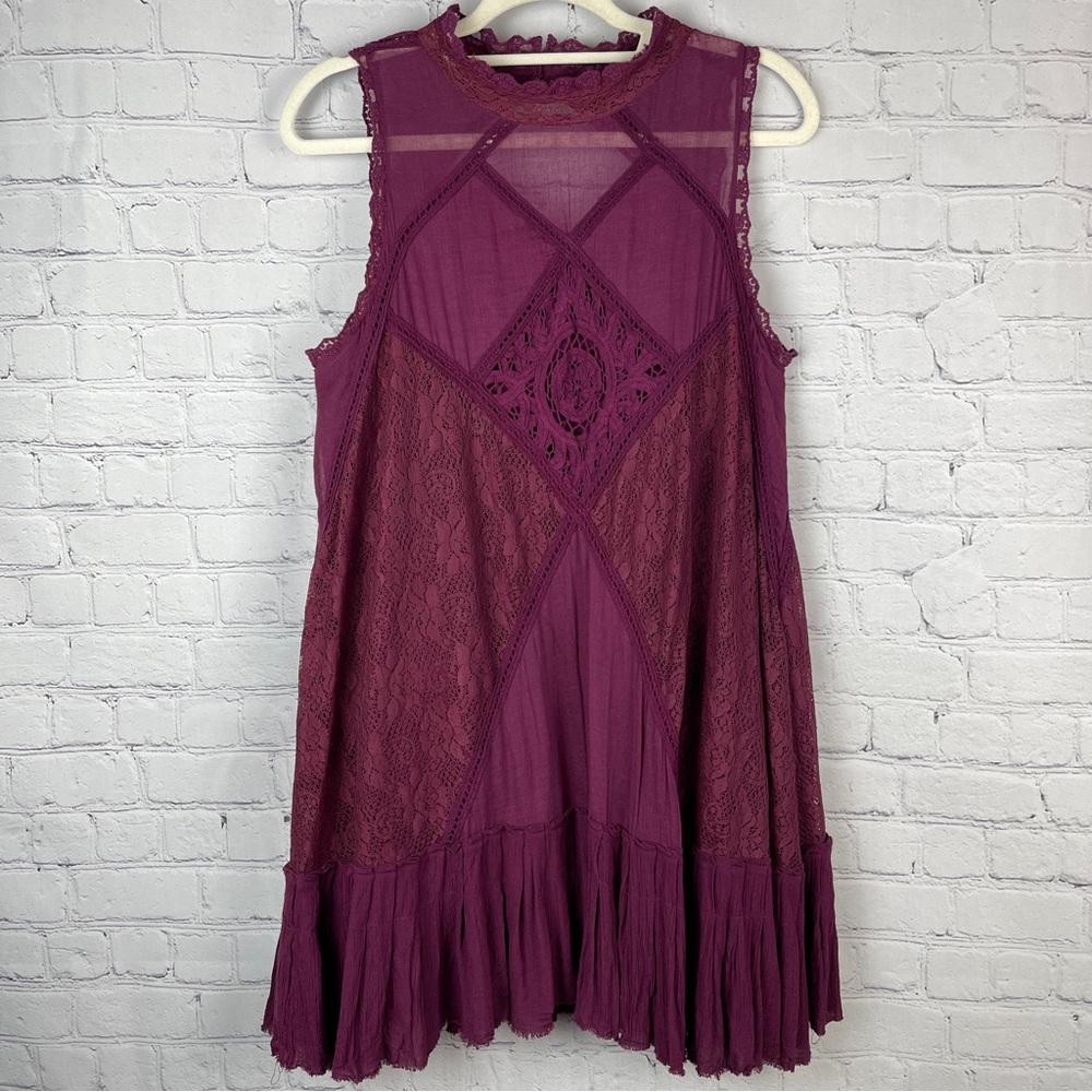 FREE PEOPLE Angel wine color lace boho sleeveless swing mini dress, size L